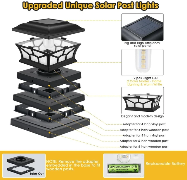 Alt view image 5 of 7 - 4 Pack Solar Post Cap Lights Outdoor, Flickering Flame & Warm White Fits 4x4, 5x5, 6x6 Wooden & Vinyl Posts,Fence Deck Post Lights,Edison-style bulb