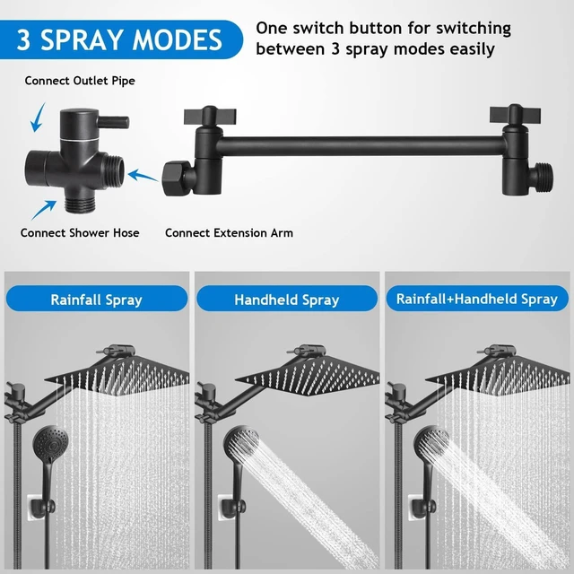 Alt view image 2 of 7 - 12 Black High/Low Pressure Water Rain Shower Head with 11 Extension Arm 5 Settings Handheld Shower Head Combo,Powerful Shower Spray - Matte Black, Powerful Shower Spray Against Low Pressure Water