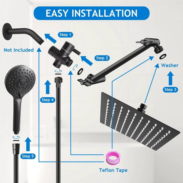 Alt view image 5 of 7 - 12 Black High/Low Pressure Water Rain Shower Head with 11 Extension Arm 5 Settings Handheld Shower Head Combo,Powerful Shower Spray - Matte Black, Powerful Shower Spray Against Low Pressure Water