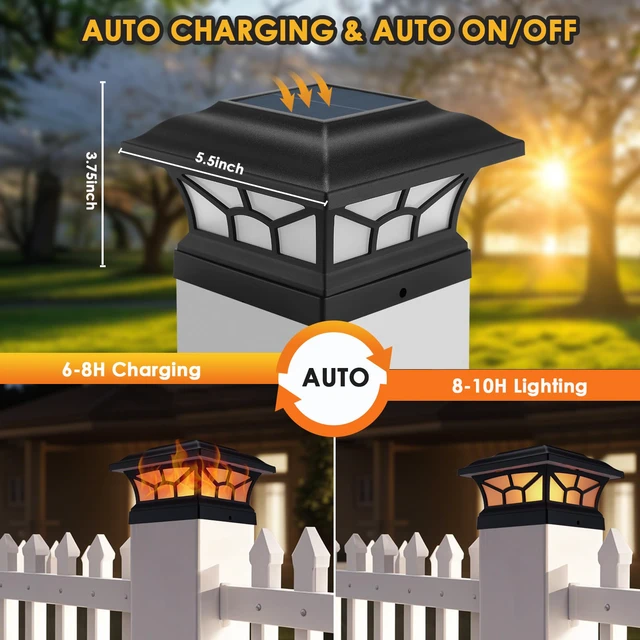 Alt view image 6 of 7 - 4 Pack Solar Post Cap Lights Outdoor, Flickering Flame & Warm White Fits 4x4, 5x5, 6x6 Wooden & Vinyl Posts,Fence Deck Post Lights,Edison-style bulb