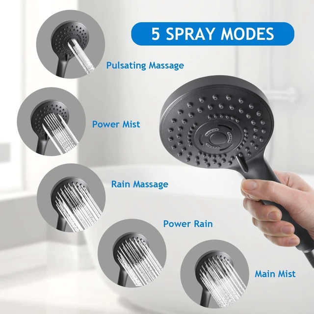 Alt view image 3 of 7 - 12 Black High/Low Pressure Water Rain Shower Head with 11 Extension Arm 5 Settings Handheld Shower Head Combo,Powerful Shower Spray - Matte Black, Powerful Shower Spray Against Low Pressure Water