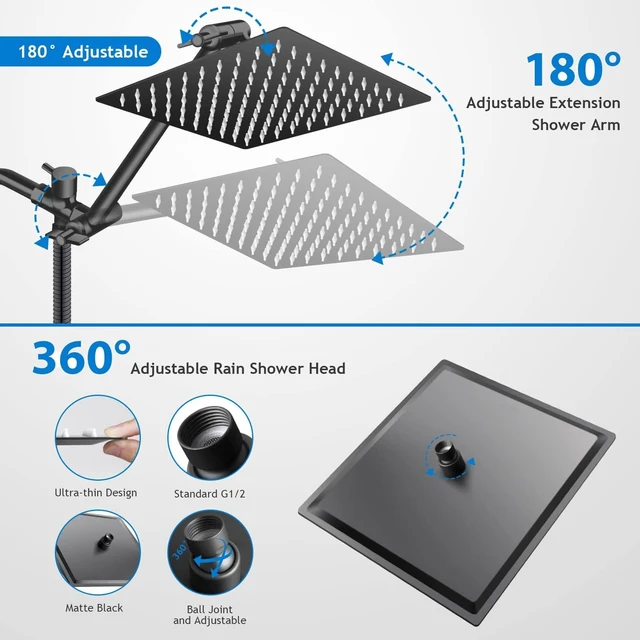 Alt view image 4 of 7 - 12 Black High/Low Pressure Water Rain Shower Head with 11 Extension Arm 5 Settings Handheld Shower Head Combo,Powerful Shower Spray - Matte Black, Powerful Shower Spray Against Low Pressure Water