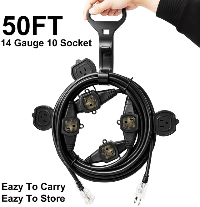 Alt view image 4 of 7 - 50FT Outdoor Extension Cord, 14 Gauge SJTW 5-15R Cable Male Plug to Female Connector,10 Evenly Spaced Outlets Plugs,Suitable for Stage Setting or Outdoor