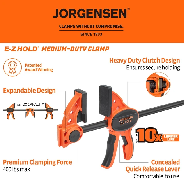 Alt view image 2 of 7 - 24" E-Z Hold Medium-Duty Bar Clamps, 400 lbs Load Limit, 2-Pack Expandable Bar Clamps for Woodworking, One-Handed Clamp/Spreader, Quick Release