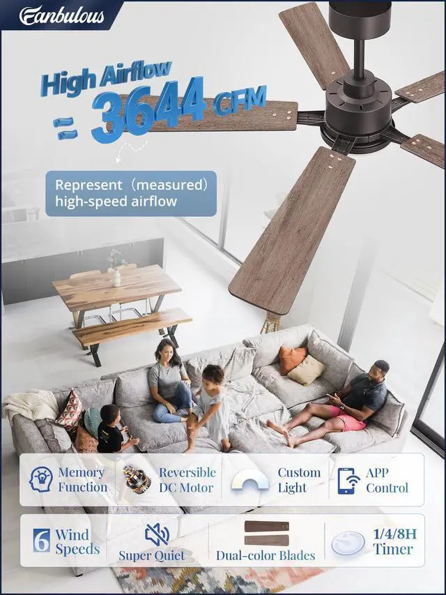 Alt view image 2 of 7 - 52 Inch Ceiling Fans with Lights DC Motor, Remote & APP Control Dimmable, 3CCT, 6 Speed, Memory Function, Timer, Dual-Sided Reversible Blade, Flat/Sloped Ceiling, Living Room, Covered Patio