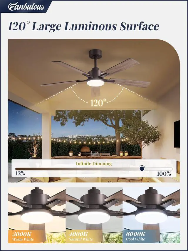 Alt view image 3 of 7 - 52 Inch Ceiling Fans with Lights DC Motor, Remote & APP Control Dimmable, 3CCT, 6 Speed, Memory Function, Timer, Dual-Sided Reversible Blade, Flat/Sloped Ceiling, Living Room, Covered Patio