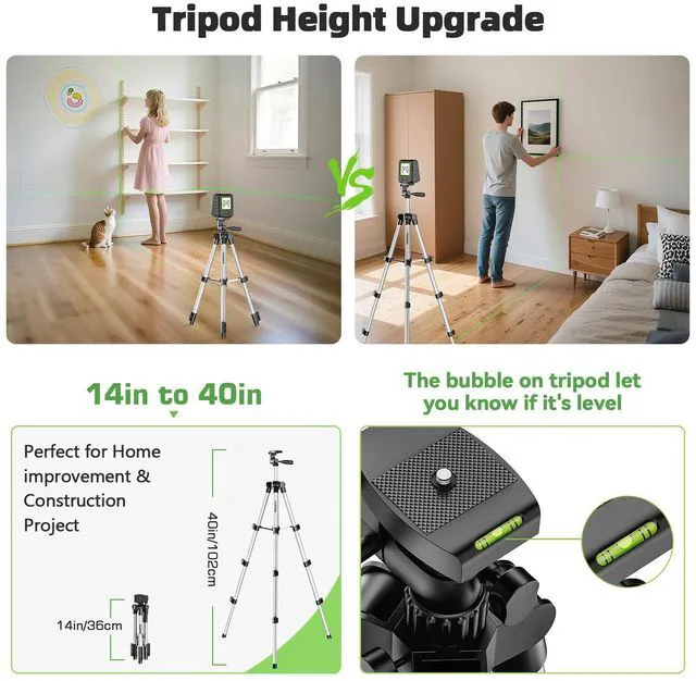 Alt view image 2 of 7 - Laser Level and 40in Tripod, 150°/150Ft Laser Level with Pulse Mode Self Leveling Lazer Leveler Tool Switchable Green Cross Line for Picture Hanging, Tile, DIY / Construction Project