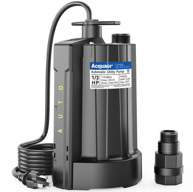 Main image of 1/3 HP Automatic Submersible Water Pump, 2160 GPH Sump Pump, 115V Thermoplastic Utility Pump with 3/4 Garden Hose Adapter for Swimming Pool Hot Tubs Flooded House Basement with 10 ft Cord