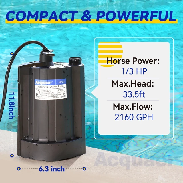 Alt view image 2 of 6 - 1/3 HP Automatic Submersible Water Pump, 2160 GPH Sump Pump, 115V Thermoplastic Utility Pump with 3/4 Garden Hose Adapter for Swimming Pool Hot Tubs Flooded House Basement with 10 ft Cord