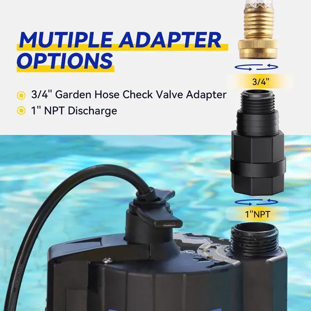 Alt view image 4 of 6 - 1/3 HP Automatic Submersible Water Pump, 2160 GPH Sump Pump, 115V Thermoplastic Utility Pump with 3/4 Garden Hose Adapter for Swimming Pool Hot Tubs Flooded House Basement with 10 ft Cord