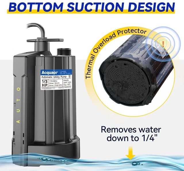 Alt view image 5 of 6 - 1/3 HP Automatic Submersible Water Pump, 2160 GPH Sump Pump, 115V Thermoplastic Utility Pump with 3/4 Garden Hose Adapter for Swimming Pool Hot Tubs Flooded House Basement with 10 ft Cord