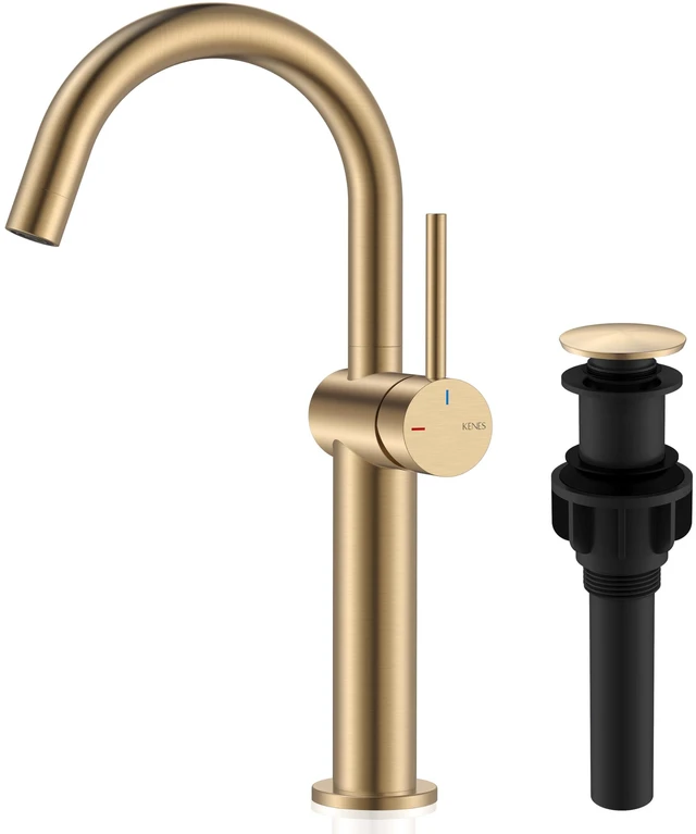 Main image of Champagne Bronze Vessel Sink Faucet, 1 Handle Tall Bathroom Faucet Vessel Bowl Faucet with Pop Up Drain & Supply Lines, Lead-Free cUPC & NSF Certified, 1 Hole Faucet for Vanity RV Restroom