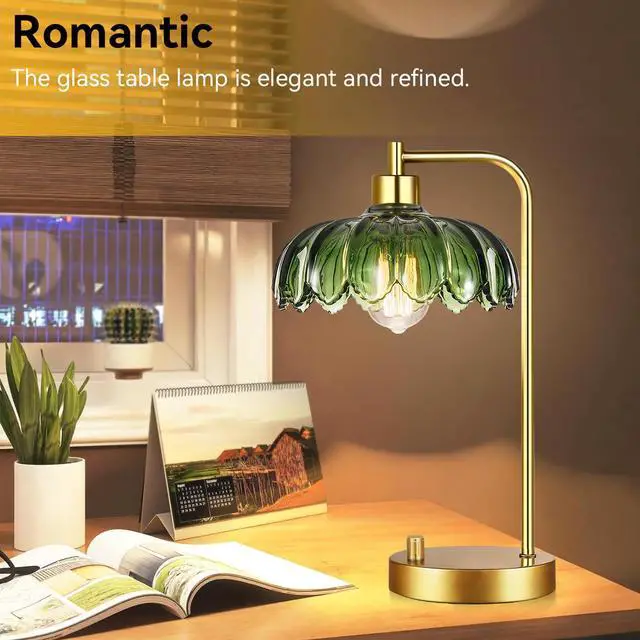 Alt view image 3 of 7 - Glass Table Lamp Set of 2,Small Gold Bedside Lamps Dimmable Boho Bedroom Lamp with Tulip Flower Green Lamp Shade,Vintage Mid Century Modern Mini Nightstand Lamp for Bedroom Living Room