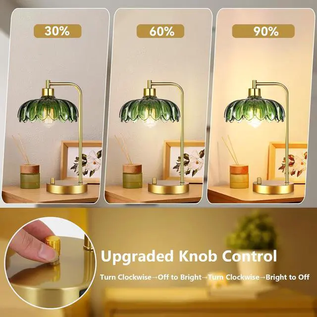 Alt view image 2 of 7 - Glass Table Lamp Set of 2,Small Gold Bedside Lamps Dimmable Boho Bedroom Lamp with Tulip Flower Green Lamp Shade,Vintage Mid Century Modern Mini Nightstand Lamp for Bedroom Living Room