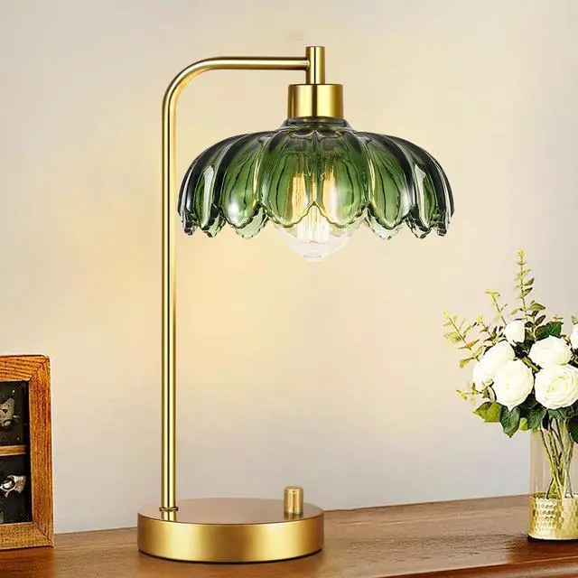 Alt view image 4 of 7 - Glass Table Lamp Set of 2,Small Gold Bedside Lamps Dimmable Boho Bedroom Lamp with Tulip Flower Green Lamp Shade,Vintage Mid Century Modern Mini Nightstand Lamp for Bedroom Living Room