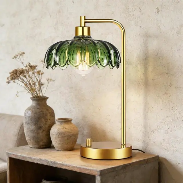 Alt view image 5 of 7 - Glass Table Lamp Set of 2,Small Gold Bedside Lamps Dimmable Boho Bedroom Lamp with Tulip Flower Green Lamp Shade,Vintage Mid Century Modern Mini Nightstand Lamp for Bedroom Living Room