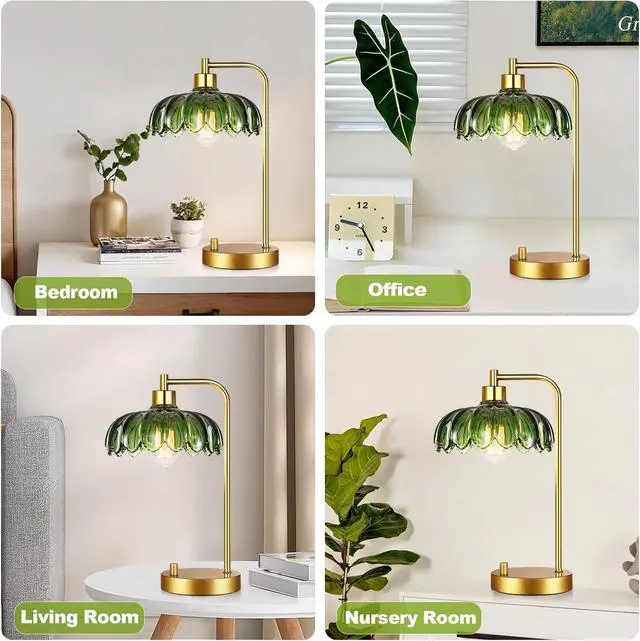 Alt view image 6 of 7 - Glass Table Lamp Set of 2,Small Gold Bedside Lamps Dimmable Boho Bedroom Lamp with Tulip Flower Green Lamp Shade,Vintage Mid Century Modern Mini Nightstand Lamp for Bedroom Living Room