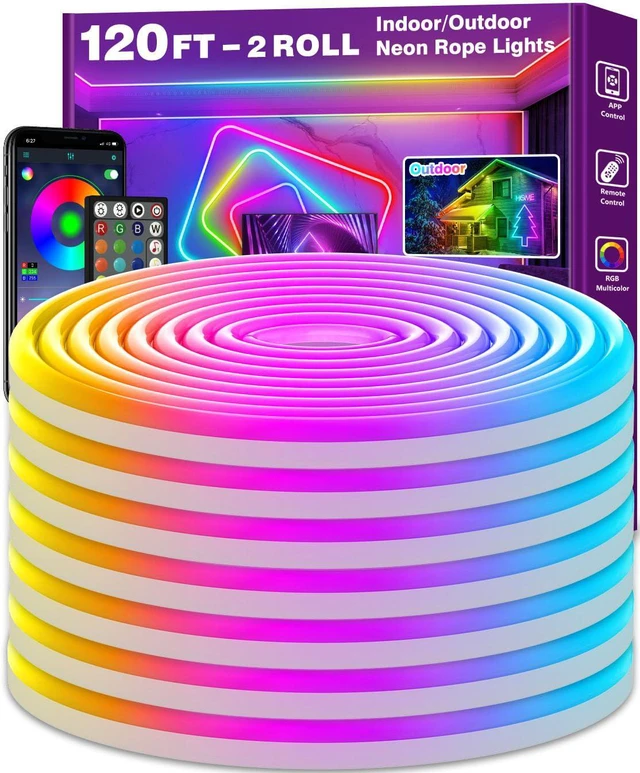 Main image of 120Ft Neon Rope Lights,Flexible Led Rope Lights Control with App/Remote,Multiple Modes RopeLights,IP65 Outdoor RGB Led Neon Lights NonWater Resistant,Music Sync Gaming Led NeonLight Strip