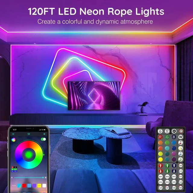 Alt view image 2 of 7 - 120Ft Neon Rope Lights,Flexible Led Rope Lights Control with App/Remote,Multiple Modes RopeLights,IP65 Outdoor RGB Led Neon Lights NonWater Resistant,Music Sync Gaming Led NeonLight Strip