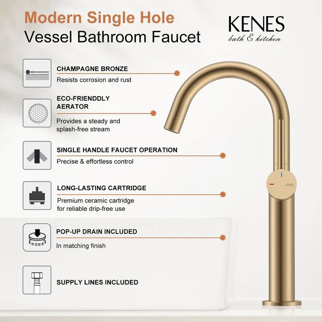 Alt view image 3 of 7 - Champagne Bronze Vessel Sink Faucet, 1 Handle Tall Bathroom Faucet Vessel Bowl Faucet with Pop Up Drain & Supply Lines, Lead-Free cUPC & NSF Certified, 1 Hole Faucet for Vanity RV Restroom