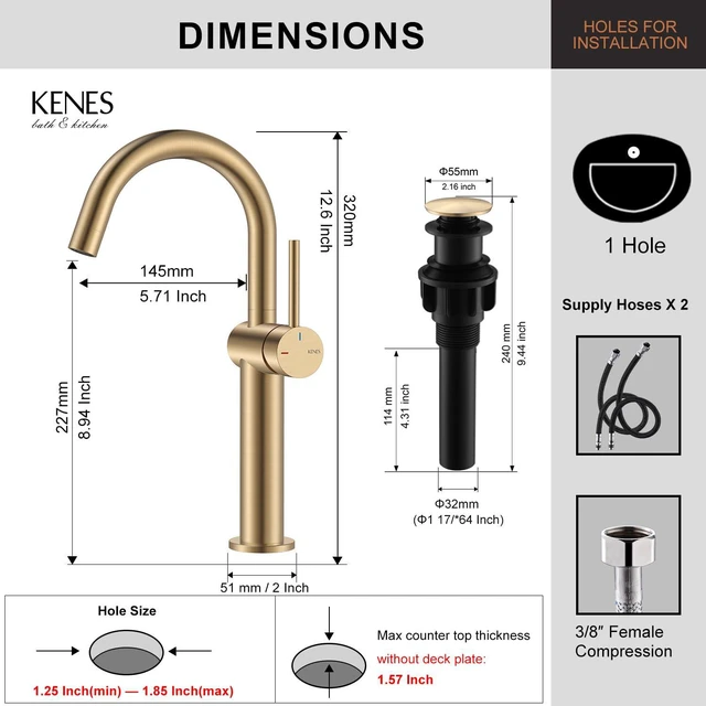 Alt view image 6 of 7 - Champagne Bronze Vessel Sink Faucet, 1 Handle Tall Bathroom Faucet Vessel Bowl Faucet with Pop Up Drain & Supply Lines, Lead-Free cUPC & NSF Certified, 1 Hole Faucet for Vanity RV Restroom
