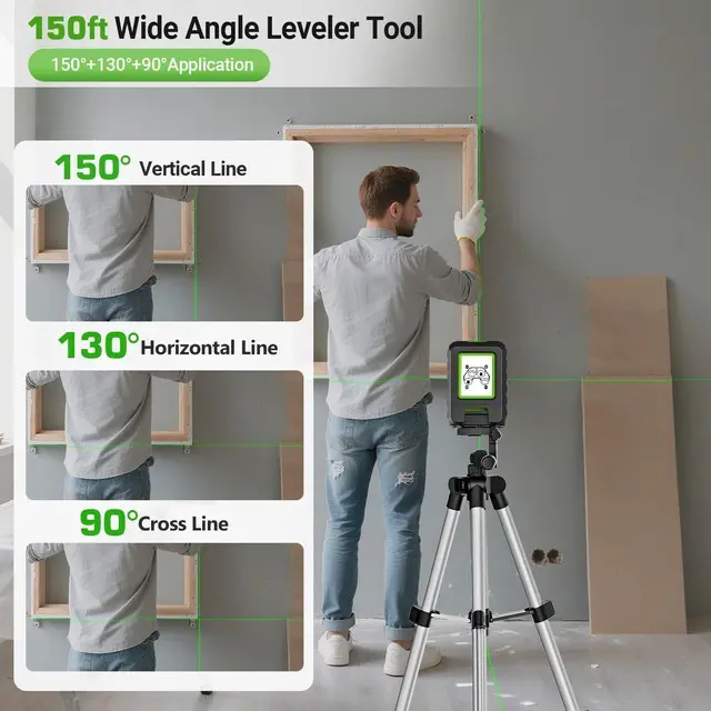Alt view image 3 of 7 - Laser Level and 40in Tripod, 150°/150Ft Laser Level with Pulse Mode Self Leveling Lazer Leveler Tool Switchable Green Cross Line for Picture Hanging, Tile, DIY / Construction Project