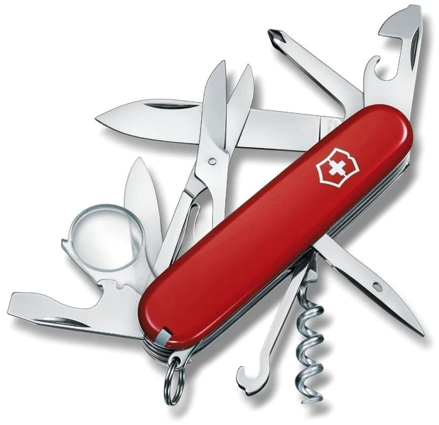 Main image of Explorer Swiss Army Knife - 16 Function Pocket Tool - Red Swiss Made Multi-Tool with Magnifying Glass, Phillips Screwdriver, Scissors, 2 Blades, and Can Opener - 91 mm Compact Size