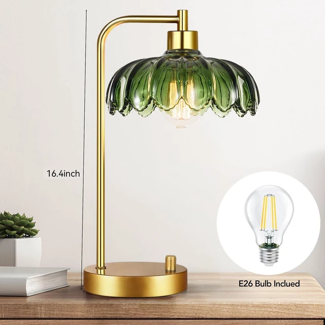 Alt view image 7 of 7 - Glass Table Lamp Set of 2,Small Gold Bedside Lamps Dimmable Boho Bedroom Lamp with Tulip Flower Green Lamp Shade,Vintage Mid Century Modern Mini Nightstand Lamp for Bedroom Living Room