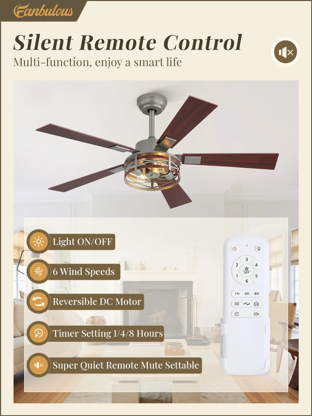 Alt view image 2 of 7 - Farmhouse Ceiling Fans with Light, 48" Caged Fan, Quiet DC Motor 6-Speed Adjustable, Remote Reversible, 5 Dual Finish Blades, Rustic Ceiling FanBrushed Nickel
