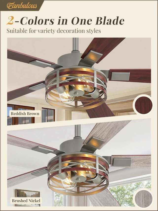 Alt view image 3 of 7 - Farmhouse Ceiling Fans with Light, 48" Caged Fan, Quiet DC Motor 6-Speed Adjustable, Remote Reversible, 5 Dual Finish Blades, Rustic Ceiling FanBrushed Nickel