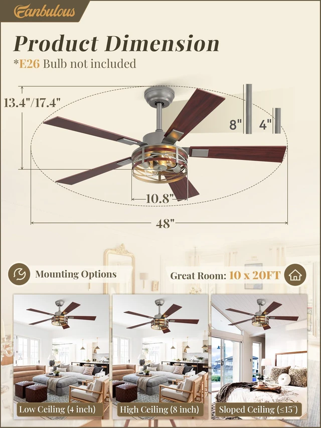 Alt view image 5 of 7 - Farmhouse Ceiling Fans with Light, 48" Caged Fan, Quiet DC Motor 6-Speed Adjustable, Remote Reversible, 5 Dual Finish Blades, Rustic Ceiling FanBrushed Nickel