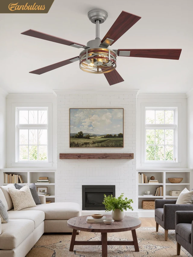 Alt view image 7 of 7 - Farmhouse Ceiling Fans with Light, 48" Caged Fan, Quiet DC Motor 6-Speed Adjustable, Remote Reversible, 5 Dual Finish Blades, Rustic Ceiling FanBrushed Nickel
