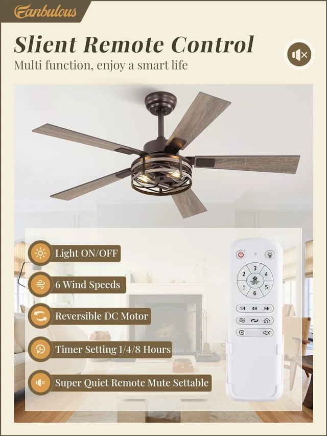 Alt view image 2 of 7 - 48" Farmhouse Ceiling Fans with Light & Remote, 6-Speed Caged Quiet and Reversible, Dual Finish 5 Blades, Rustic for Bedroom and Living Room, Oil Bronze