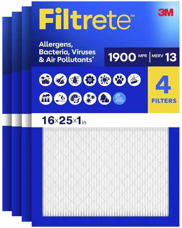 Main image of 16x25x1 Air Filter, MERV 13 MPR 1900, Allergens, Bacteria, Viruses & Air Pollutants, 3-Month AC/Furnace Filter, Cleaner Air Reliable Airflow, 4 HVAC Filter (Act Size 15.62x24.62x0.78 in)