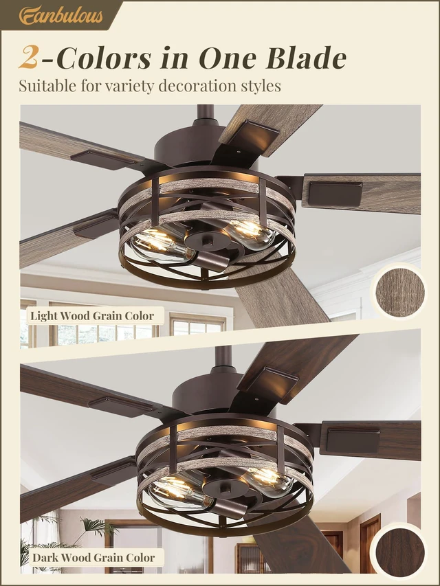 Alt view image 3 of 7 - 48" Farmhouse Ceiling Fans with Light & Remote, 6-Speed Caged Quiet and Reversible, Dual Finish 5 Blades, Rustic for Bedroom and Living Room, Oil Bronze