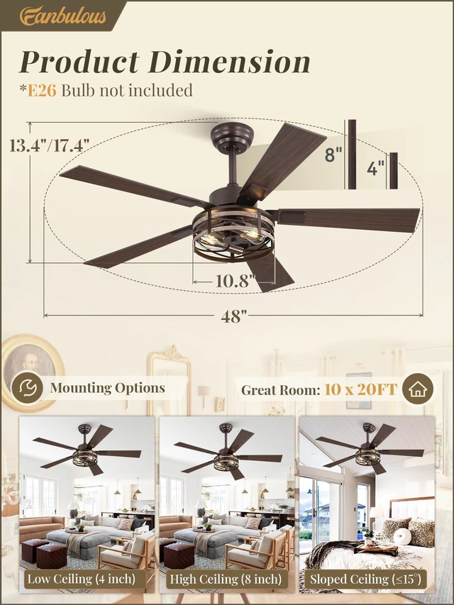 Alt view image 5 of 7 - 48" Farmhouse Ceiling Fans with Light & Remote, 6-Speed Caged Quiet and Reversible, Dual Finish 5 Blades, Rustic for Bedroom and Living Room, Oil Bronze