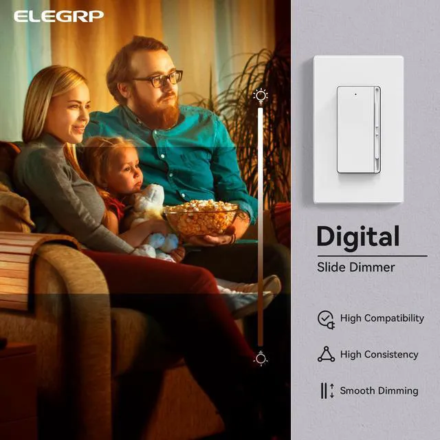 Alt view image 3 of 6 - Digital Slide Dimmer Light Switch, Dimmer Switch with Decorative Frameless Design Wallplate for LED/CFL, Incandescent,Halogen Bulbs, Single Pole/3-Way, UL Listed, 10 Pack, Matte White