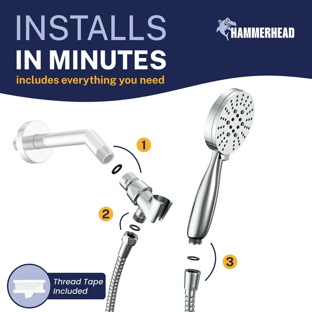 Alt view image 7 of 7 - ® Solid Metal 3-Spray Handheld Shower Head with Long Hose and Holder - CHROME - 2.5 GPM High Pressure Shower Head with Handheld Sprayer - WIDE, MASSAGE, and MIST Sprays
