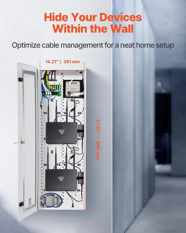 Alt view image 2 of 7 - Media Enclosure, 42-Inch, Structured Media Center with Vented Hinged Door, Cable Management Box, Structured Wiring Multi-Media Cabinet, Recessed Electrical Media Box, for Network Distribution