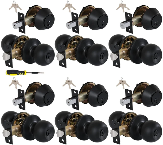 Main image of (6 Sets) All Keyed Same Entry Knobs&Single Cylinder Deadbolt for Exterior Front Doors, Matte Black Finish Round Ball Entry Door Lock with Same Keys