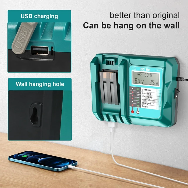 Alt view image 6 of 7 - 2 Pack 18V 6.0Ah Battery with DC18RC Charger Replace for Makita Batteries Long runtime,LCD display with cooling fan USB port charger,stable performance,safety protection,compatible with Makita tools