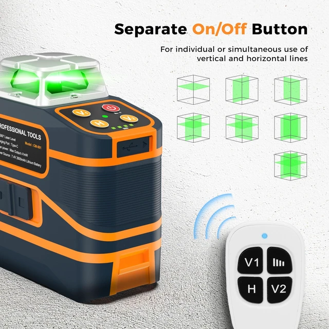 Alt view image 4 of 7 - Laser Level 3x360° Self Leveling for Construction & Picture Hanging 3D High Brightness Green Lazer Leveler Tool, 2 Rechargeable Batteries, Remote Control, Magnetic Bracket for DIY&Home Projects