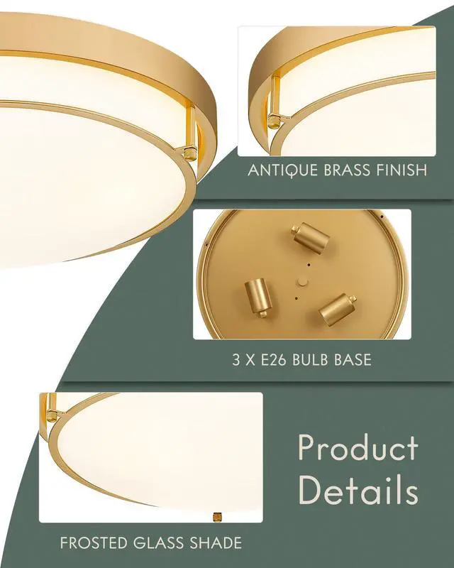 Alt view image 3 of 7 - 16 Inch Flush Mount Ceiling Light,White Frosted Glass,Brass Gold 3 E26 sockets,Close to Ceiling Light for bedroom,hallway,kitchen,entryway