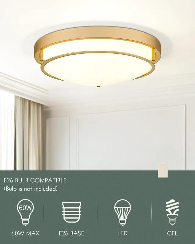 Alt view image 6 of 7 - 16 Inch Flush Mount Ceiling Light,White Frosted Glass,Brass Gold 3 E26 sockets,Close to Ceiling Light for bedroom,hallway,kitchen,entryway