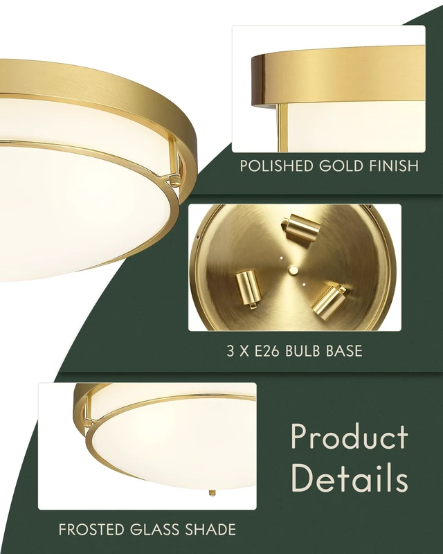 Alt view image 5 of 7 - 16 Inch Flush Mount Ceiling Light,White Frosted Glass,Gold Polished Gold,3 E26 sockets,Close to Ceiling Light for bedroom,hallway,kitchen,entryway