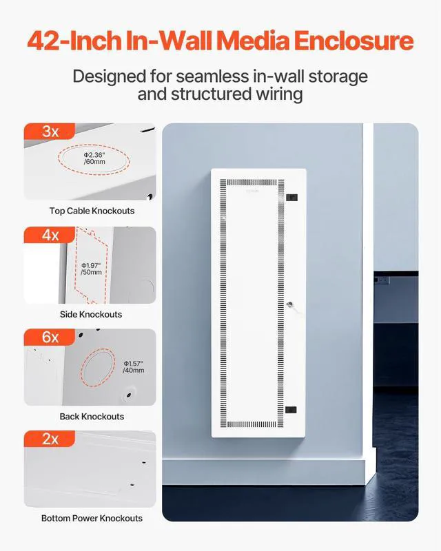 Alt view image 4 of 7 - Media Enclosure, 42-Inch, Structured Media Center with Vented Hinged Door, Cable Management Box, Structured Wiring Multi-Media Cabinet, Recessed Electrical Media Box, for Network Distribution