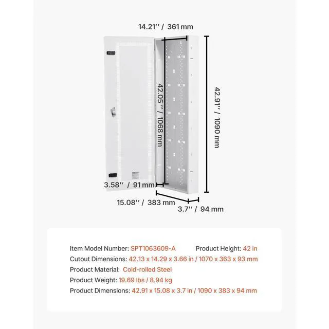 Alt view image 7 of 7 - Media Enclosure, 42-Inch, Structured Media Center with Vented Hinged Door, Cable Management Box, Structured Wiring Multi-Media Cabinet, Recessed Electrical Media Box, for Network Distribution
