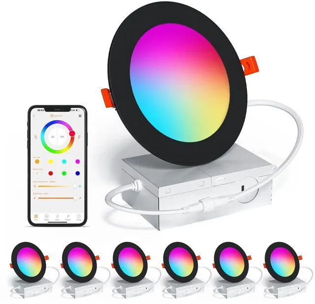 Main image of Smart Recessed Lighting 4 Inch Black RGBCW Color Changing 12W LED Downlight with Junction Box,1080 Lumen Recessed Ceiling Light Compatible with Alexa,Dimmable by Bluetooth Control -6Pack