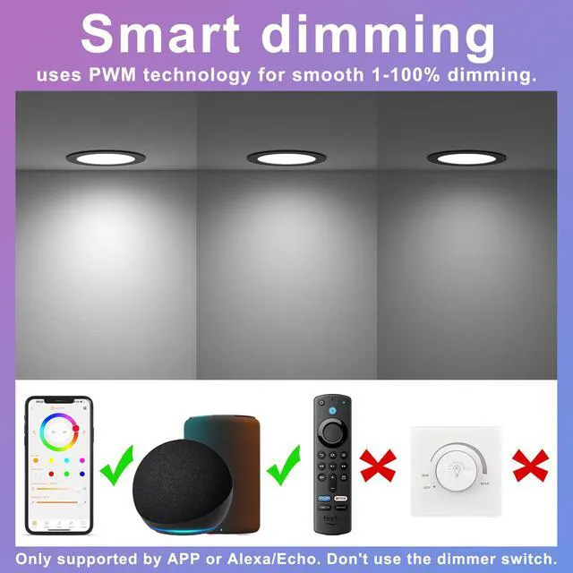 Alt view image 5 of 7 - Smart Recessed Lighting 4 Inch Black RGBCW Color Changing 12W LED Downlight with Junction Box,1080 Lumen Recessed Ceiling Light Compatible with Alexa,Dimmable by Bluetooth Control -6Pack