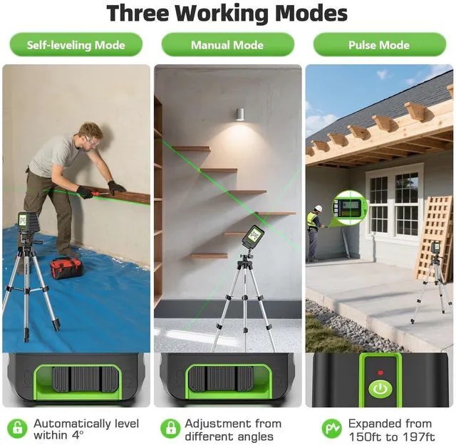 Alt view image 6 of 7 - Laser Level and 40in Tripod, 150°/150Ft Laser Level with Pulse Mode Self Leveling Lazer Leveler Tool Switchable Green Cross Line for Picture Hanging, Tile, DIY / Construction Project